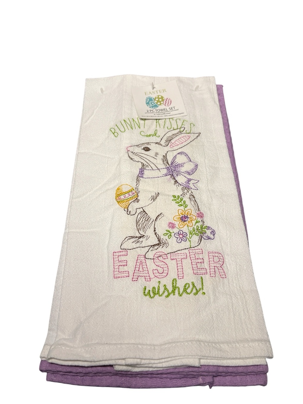 Bunny Kisses & Easter Wishes Embroidered Flour Sack Waffle Towel Set 2 NWT